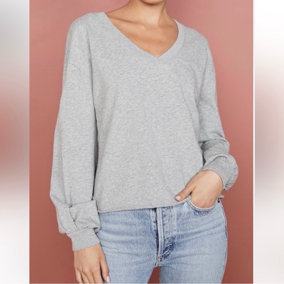 Nation LTD. Willa Bishop Sleeve Grey V-Neck Knit 100% Cotton Pullover Top Size S - Picture 4 of 12